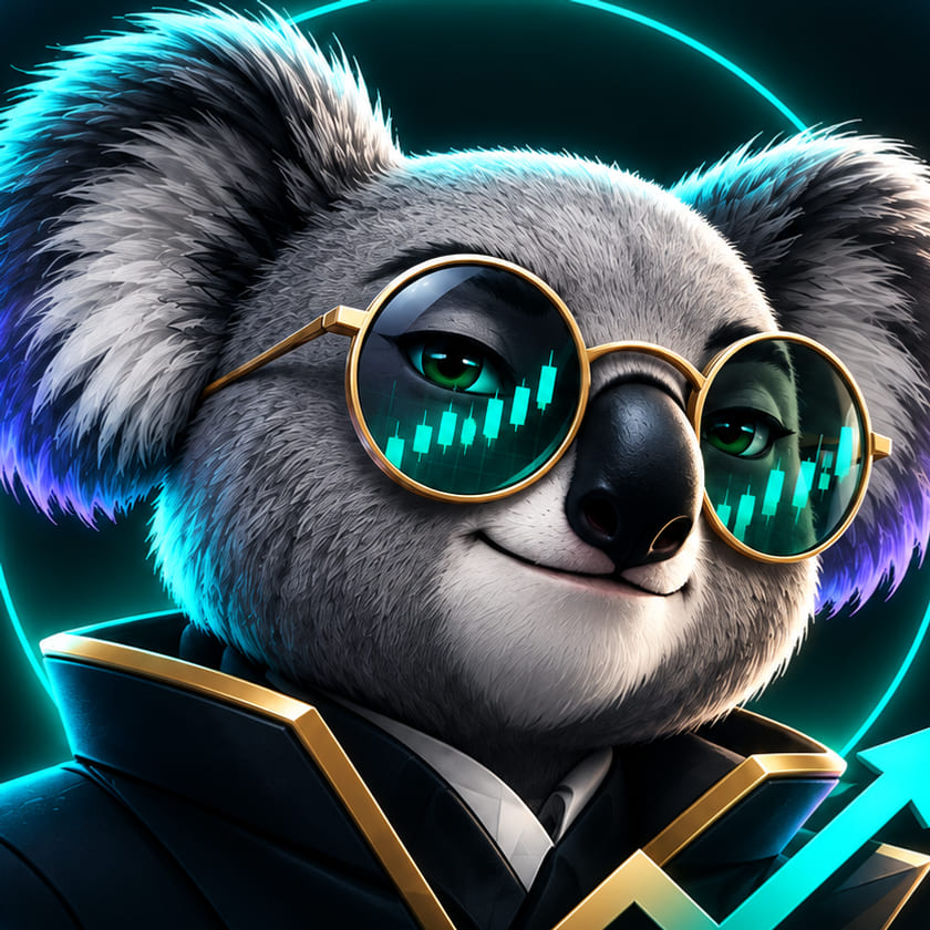 The MARK MY WORDS koala analyst in a dark suit, wearing round gold-rimmed glasses that reflect a candlestick chart